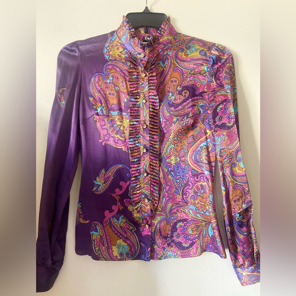Dolce And Gabbana 100% Silk Button Up Paisley Blouse Size 26/40